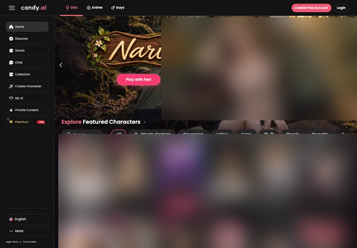 Ausschnitt der englischen Startseite von candy.ai mit Navigation und Bereich „Explore Featured Characters“; Personenbilder weichgezeichnet